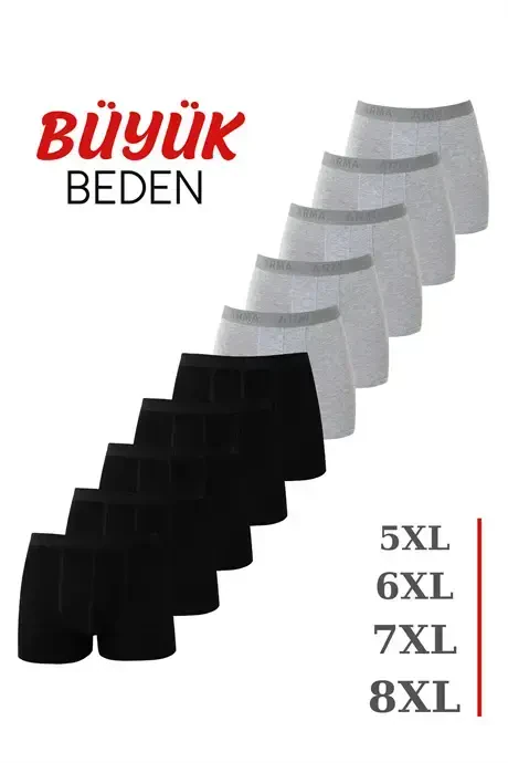 Grey-Black 10-Pack Plus Size Men's Boxer Cotton Lycra - BÜYÜKBEDENIZ