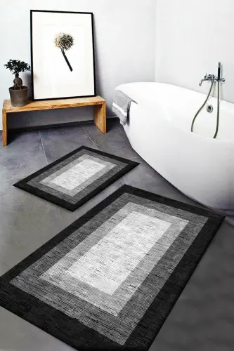 Grey Black White Box Patterned Washable Non-Slip Bathroom Rug 2-Piece Toilet Set Rug Dts-3 - 1
