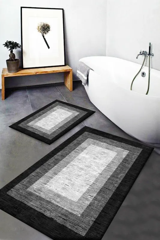 Grey Black White Box Patterned Washable Non-Slip Bathroom Rug 2-Piece Toilet Set Rug Dts-3 - 1