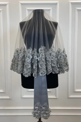 Grey Bride Veil Set, Henna Veil, Vip Model - Grey - ZEYMERADE (1)