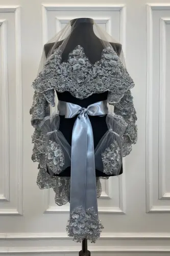Grey Bride Veil Set, Henna Veil, Vip Model - Grey - 4