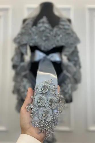 Grey Bride Veil Set, Henna Veil, Vip Model - Grey - 5