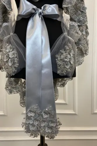 Grey Bride Veil Set, Henna Veil, Vip Model - Grey - 6