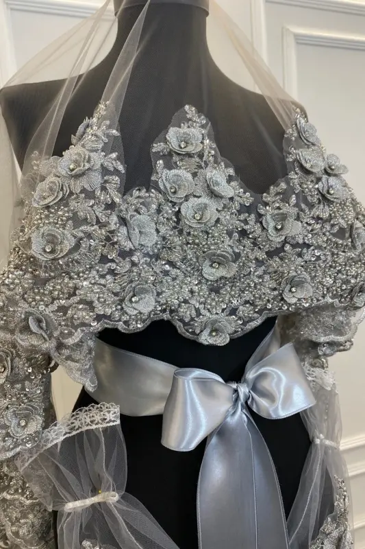 Grey Bride Veil Set, Henna Veil, Vip Model - Grey - 8