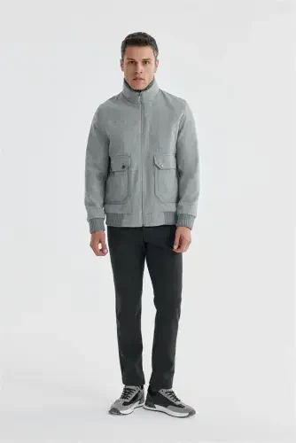 Grey Comfort Fit Fur Collar Wool Coat 