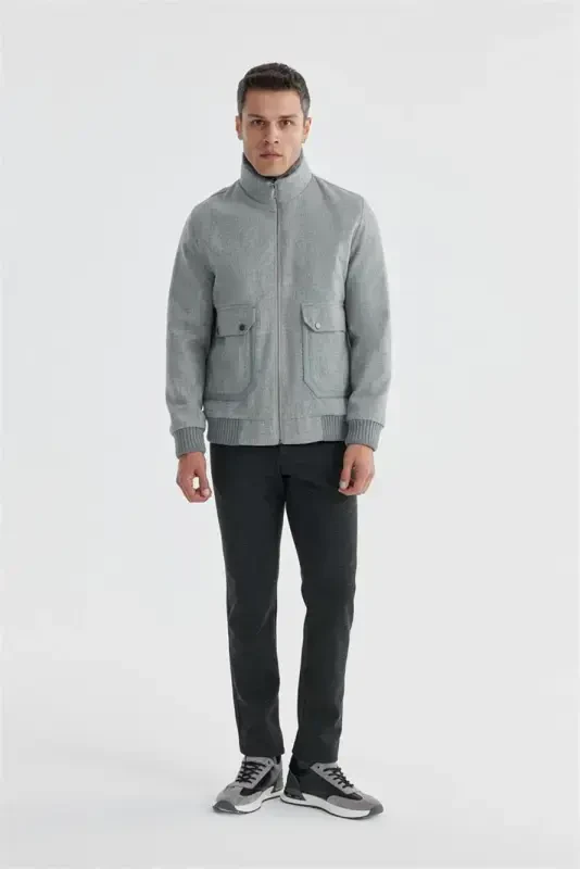 Grey Comfort Fit Fur Collar Wool Coat - JAKAMEN