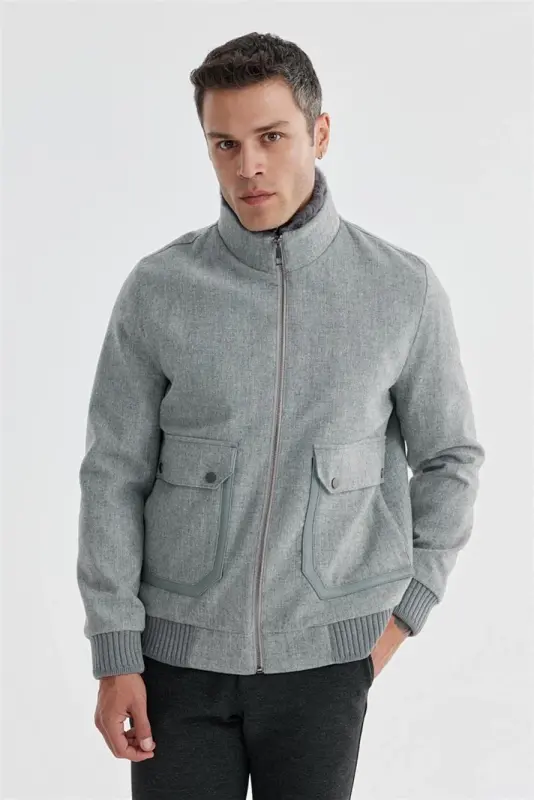 Grey Comfort Fit Fur Collar Wool Coat - 2