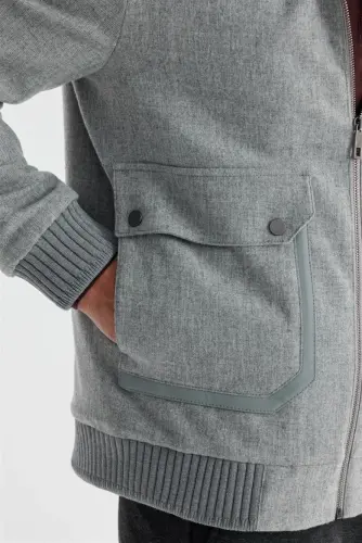 Grey Comfort Fit Fur Collar Wool Coat - 3