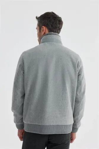 Grey Comfort Fit Fur Collar Wool Coat - 4