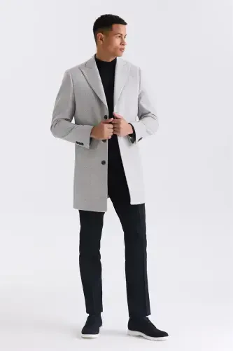 Grey Comfort Fit Peaked Collar Herringbone Pattern Wool Cashmere Coat - JAKAMEN (1)