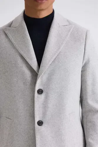 Grey Comfort Fit Peaked Collar Herringbone Pattern Wool Cashmere Coat - 3