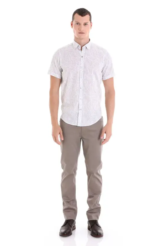 Grey Comfort Fit Printed Button-Down Collar 100% Cotton Short Sleeve Casual Shirt-Grey - 2