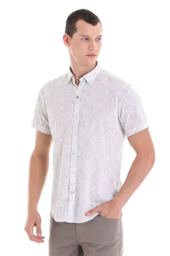 Grey Comfort Fit Printed Button-Down Collar 100% Cotton Short Sleeve Casual Shirt-Grey - 3