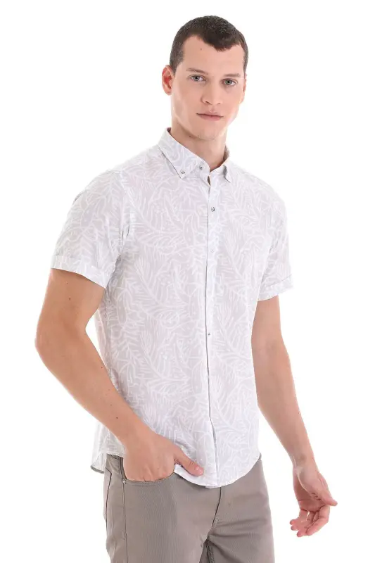 Grey Comfort Fit Printed Button-Down Collar 100% Cotton Short Sleeve Casual Shirt-Grey - 4