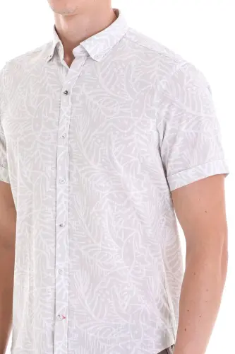 Grey Comfort Fit Printed Button-Down Collar 100% Cotton Short Sleeve Casual Shirt-Grey - 5