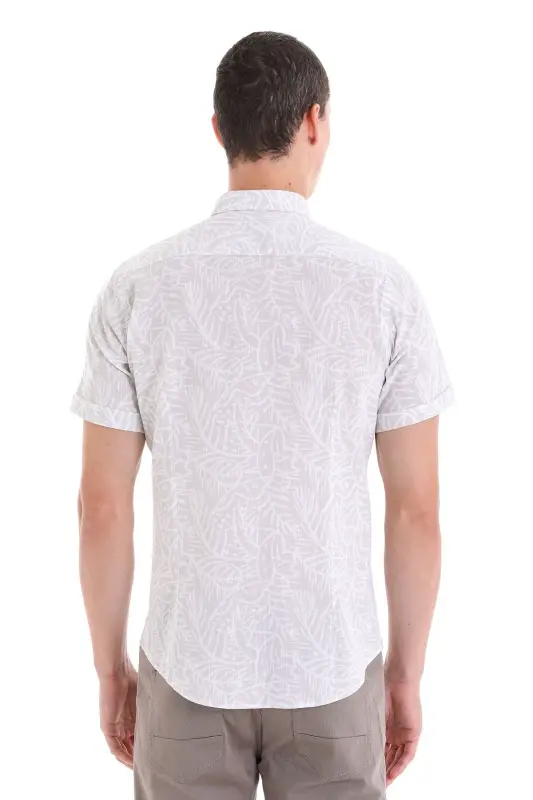 Grey Comfort Fit Printed Button-Down Collar 100% Cotton Short Sleeve Casual Shirt-Grey - 6