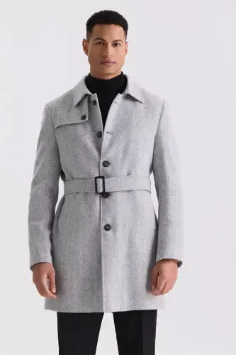 Grey Comfort Fit Shawl Collar Herringbone Belted Wool Coat - 1