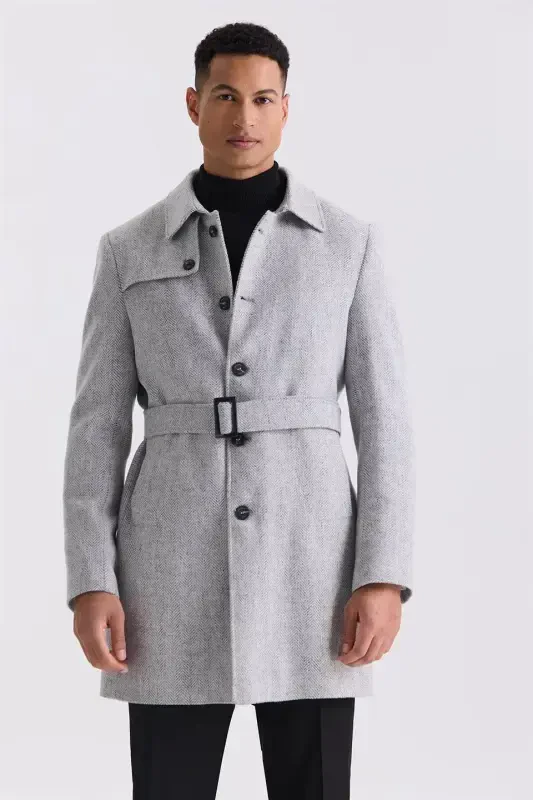 Grey Comfort Fit Shawl Collar Herringbone Belted Wool Coat - 1