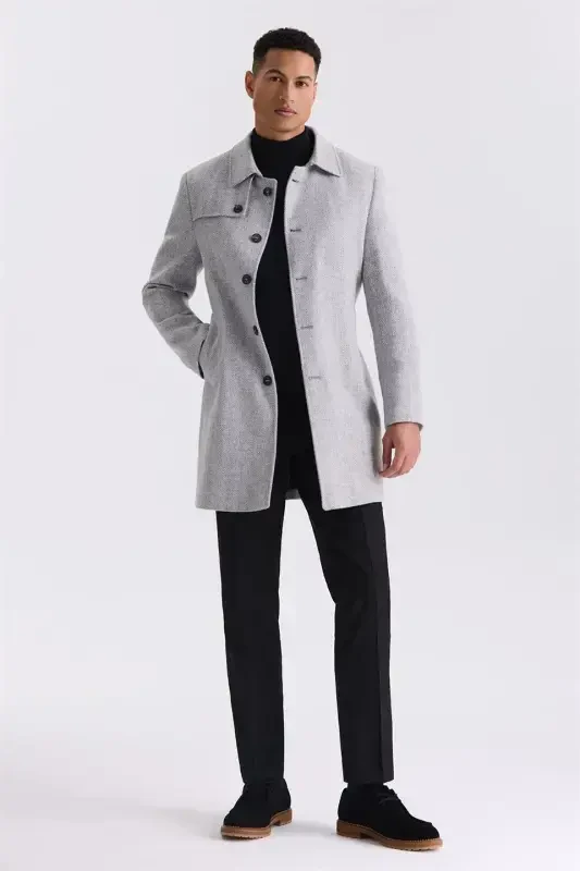 Grey Comfort Fit Shawl Collar Herringbone Belted Wool Coat - 2