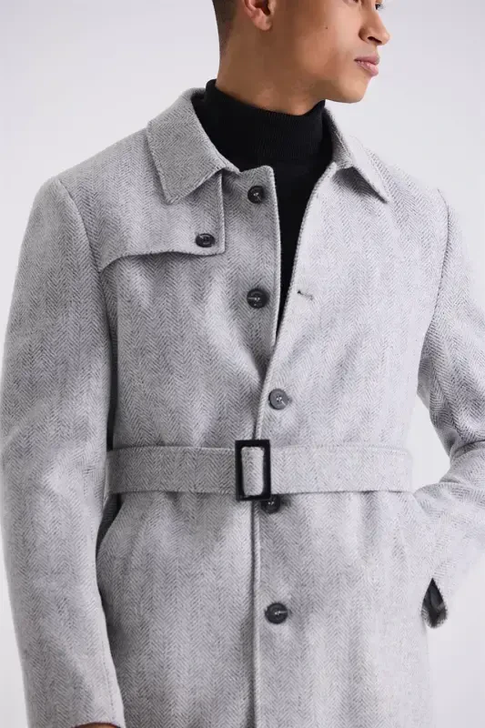 Grey Comfort Fit Shawl Collar Herringbone Belted Wool Coat - 3