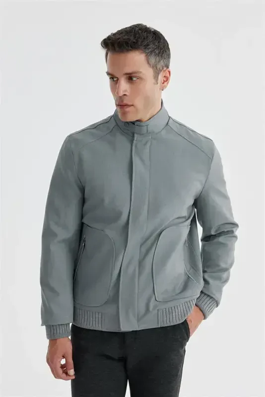 Grey Comfort Fit Stand Collar Casual Jacket - 2