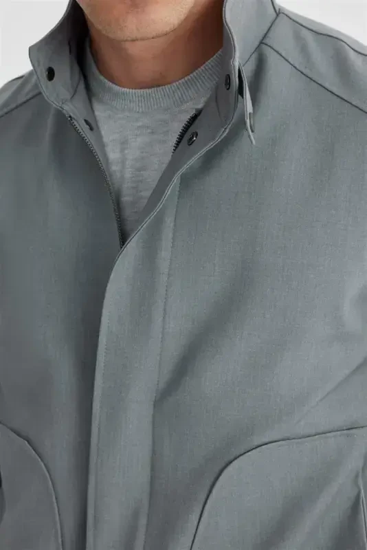 Grey Comfort Fit Stand Collar Casual Jacket - 4