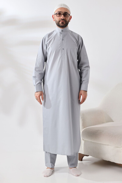 Grey Dagron Fabric Men's Hajj Umrah Outfit Suit - IHVAN ONLINE