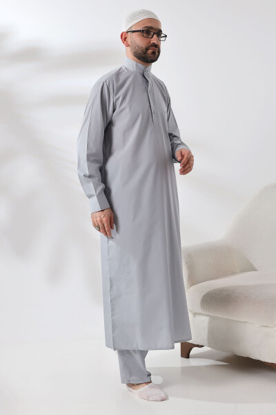 Grey Dagron Fabric Men's Hajj Umrah Outfit Suit - 2