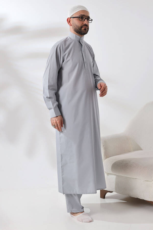 Grey Dagron Fabric Men's Hajj Umrah Outfit Suit - 2