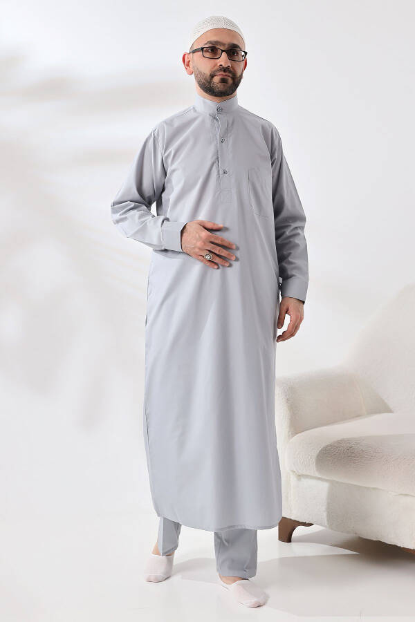 Grey Dagron Fabric Men's Hajj Umrah Outfit Suit - 3