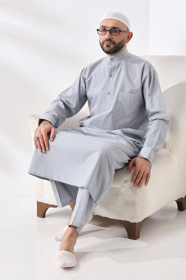 Grey Dagron Fabric Men's Hajj Umrah Outfit Suit - 5