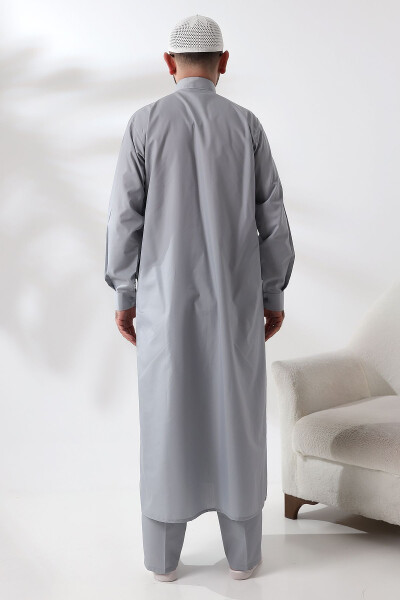 Grey Dagron Fabric Men's Hajj Umrah Outfit Suit - 7