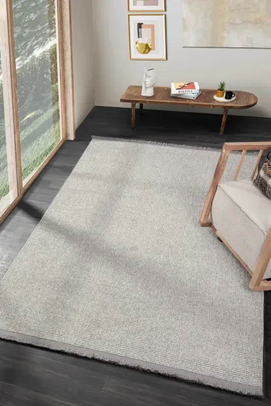 Grey Fringed Modern Woven Rug Living Room Bedroom Hallway Carpet Runner Grey-Grey - 3