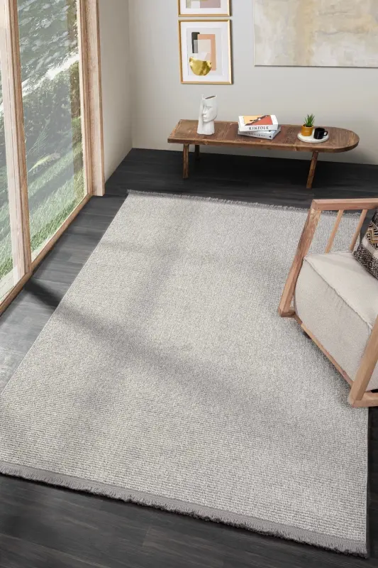 Grey Fringed Modern Woven Rug Living Room Bedroom Hallway Carpet Runner Grey-Grey - 4