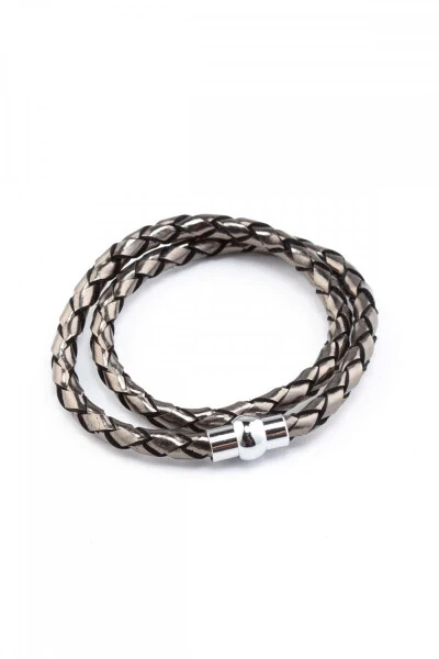 Grey genuine leather, magnetic closure braided bracelet - DERIDERIM