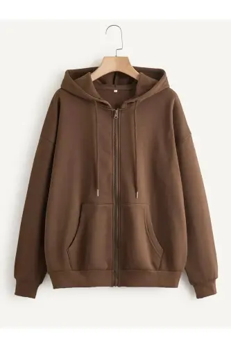 Grey Hooded Unisex Zippered Jacket Brushed Interior-Brown Cardigan 