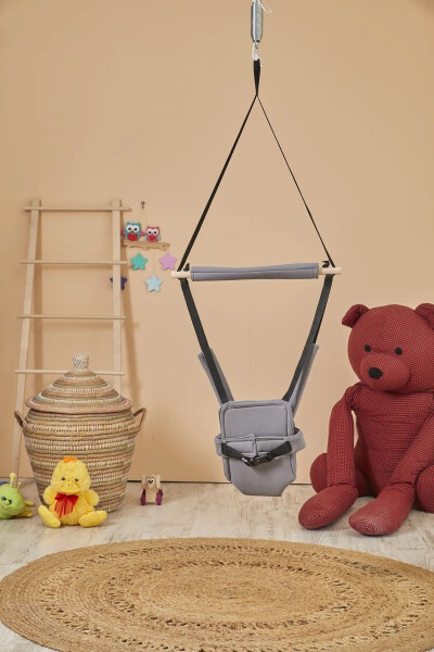 Grey Hoppala Jumping Kangaroo Spring Balance Baby Walker Natural Wood Grey Strapped - 3