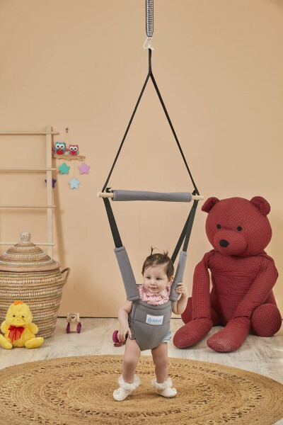 Grey Hoppala Jumping Kangaroo Spring Balance Baby Walker Natural Wood Grey Strapped - 5