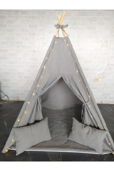 Grey Illuminated Native American Play Tent Wooden Activity Area Thick Cushioned Playhouse Padded - WEBBURADA