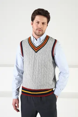 Grey Knitted Pattern V-Neck Men's Sweater - Grey - 5