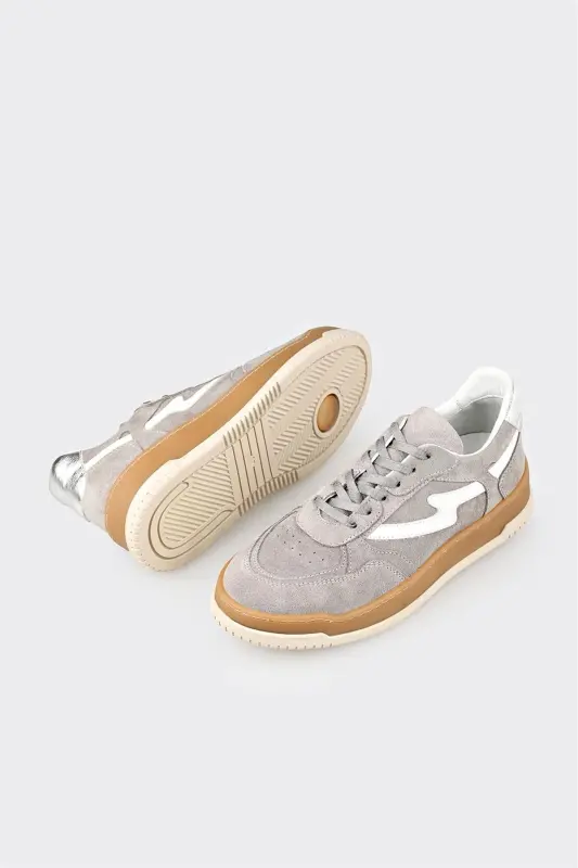 Grey Leather Women's Sneakers - Grey - 3
