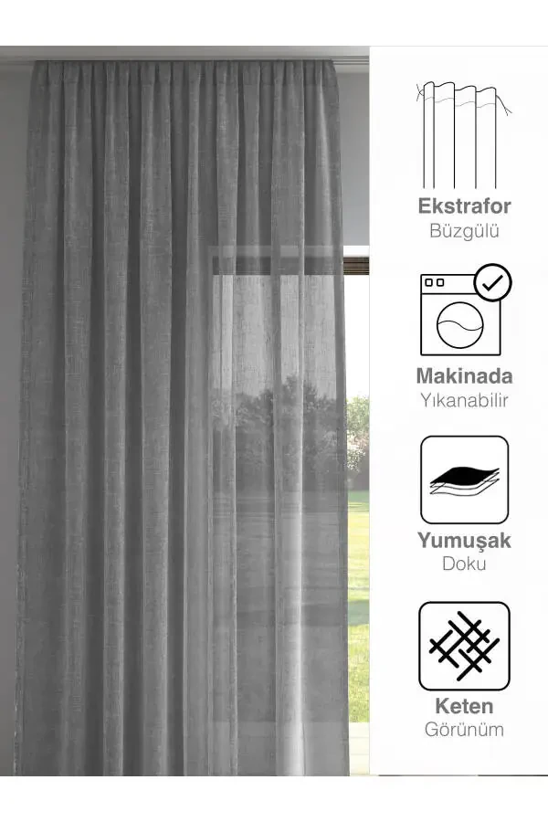 Grey Linen Look Plain Voile Curtain No Iron - 7