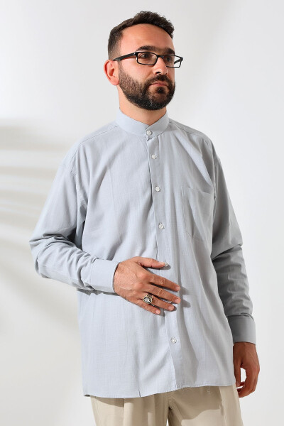 Grey Men's Loose Fit Single Pocket Imam Collar Hajj and Umrah Linen Shirt - 2