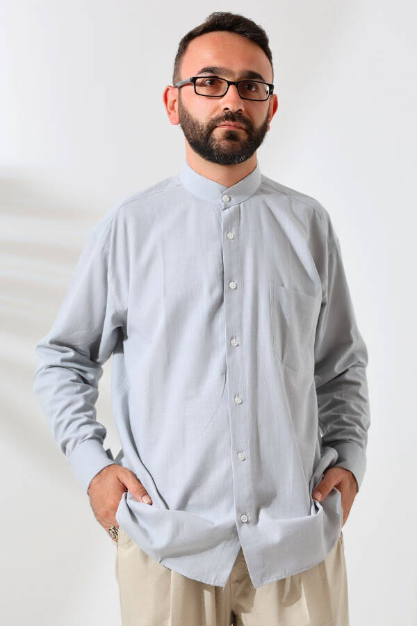 Grey Men's Loose Fit Single Pocket Imam Collar Hajj and Umrah Linen Shirt - 3