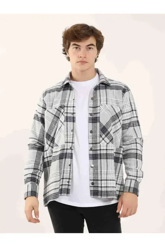 Grey Men's Regular Fit Plaid Pattern Classic Collar Long Sleeve Lumberjack Shirt - 97861 - DUFY