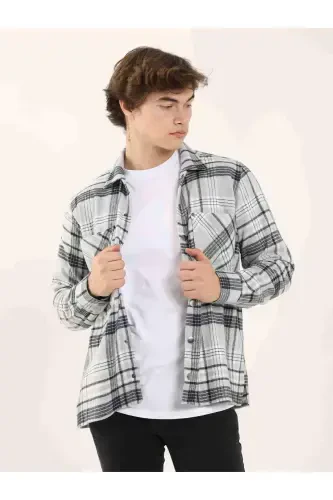 Grey Men's Regular Fit Plaid Pattern Classic Collar Long Sleeve Lumberjack Shirt - 97861 - 3