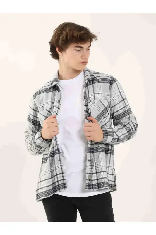 Grey Men's Regular Fit Plaid Pattern Classic Collar Long Sleeve Lumberjack Shirt - 97861 - 3