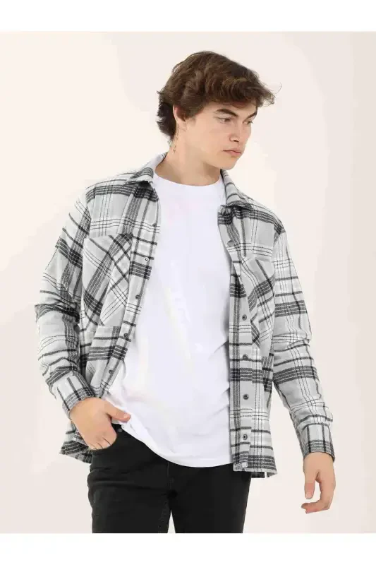 Grey Men's Regular Fit Plaid Pattern Classic Collar Long Sleeve Lumberjack Shirt - 97861 - 4