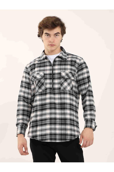 Grey Men's Regular Fit Plaid Pattern Classic Long Sleeve Lumberjack Shirt - 1