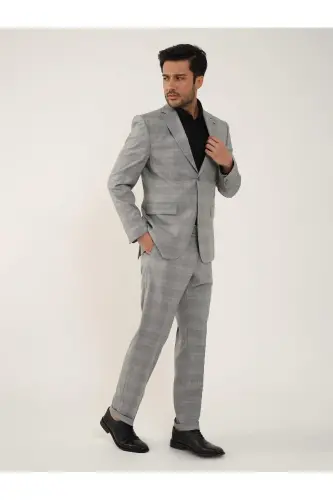 Grey Men's Slim Fit Plaid Single Breasted Suit - 95012 - 6